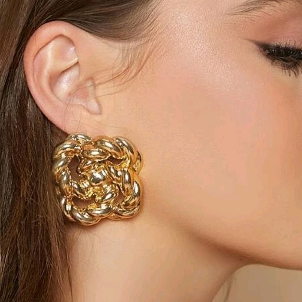 Gold hoop statement earrings Chunky thick knot twist wedding formal NEW 💖2/$30